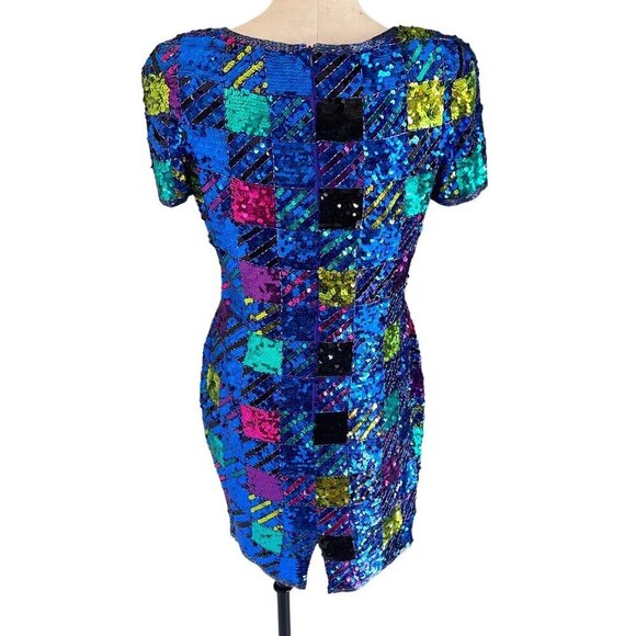 A J Bari Vintage Womens Dress Size 10 Blue Mini Sequin Beaded Checked Pure Silk - Picture 2 of 9